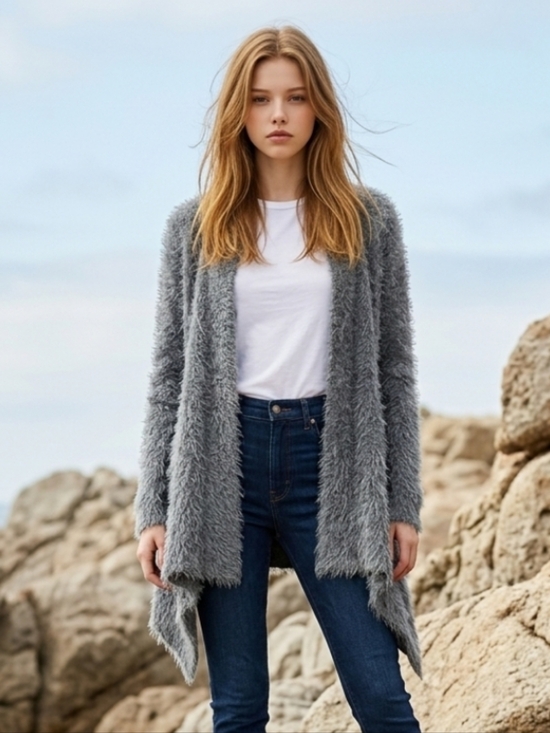 Escio Sweaters - Chic Gray Open Knit Back Fuzzy Material Women's Cardigan Size Small